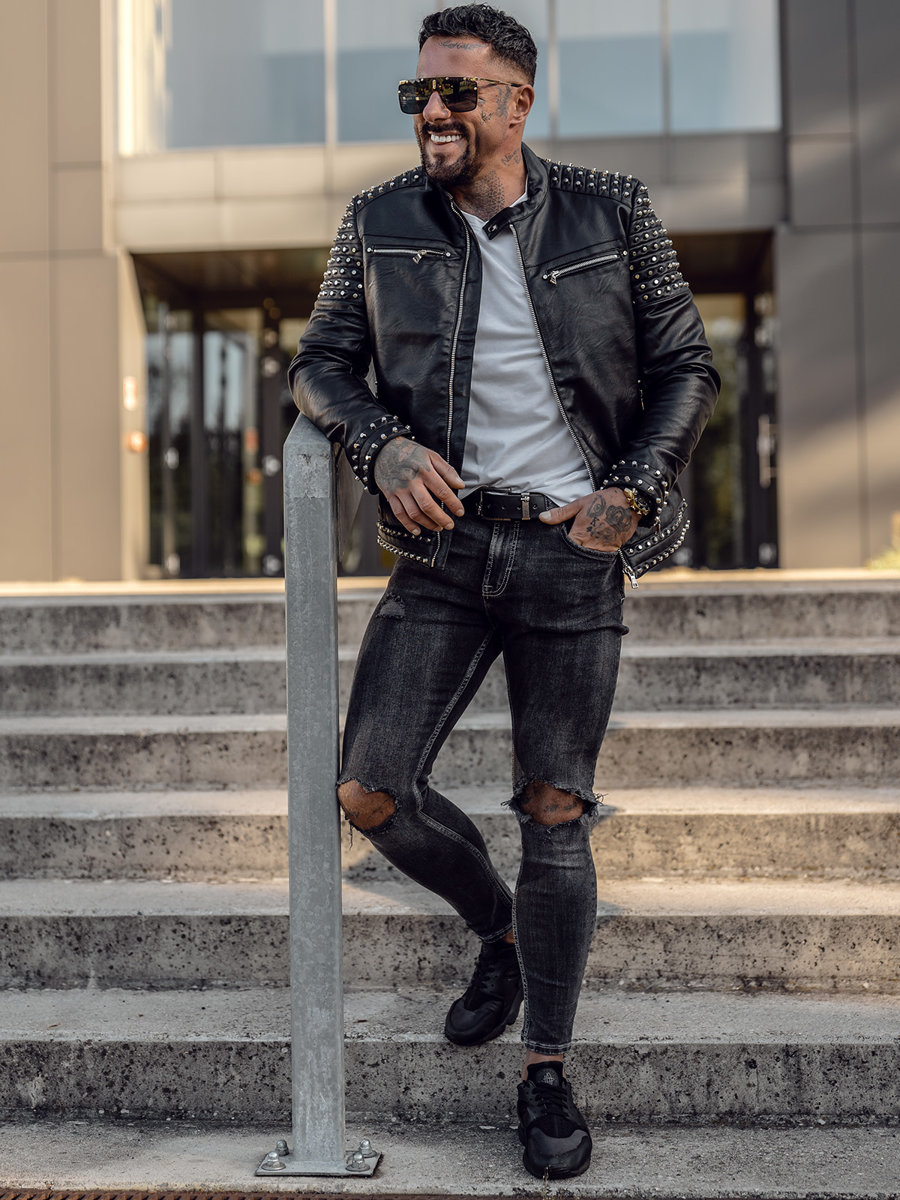 Czarna-skorzana-kurtka-meska-z-cwiekami-Denley