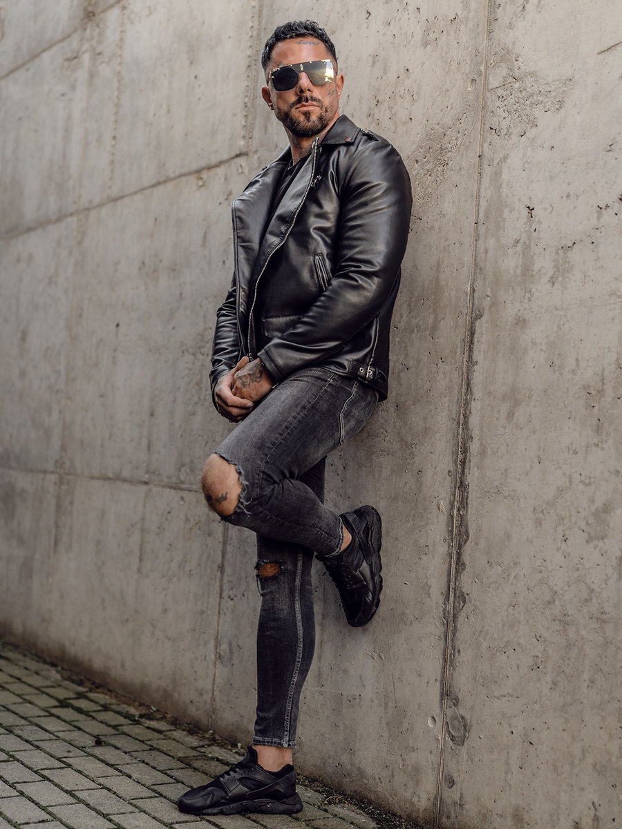 Czarna-skorzana-kurtka-meska-z-cwiekami-Denley