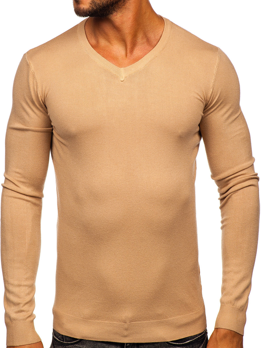 Bezowy-sweter-meski-w-serek-Denley