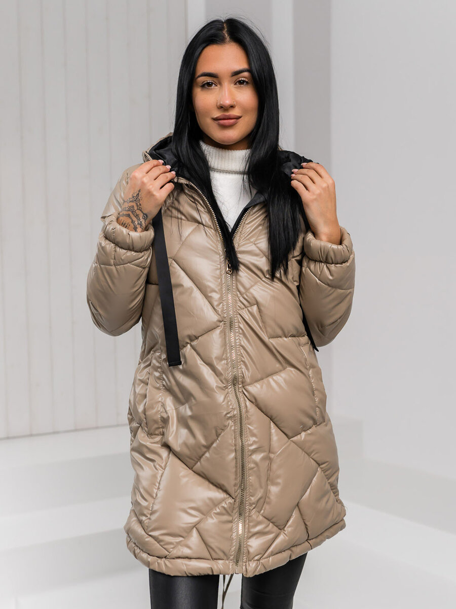 Bezowa-dluga-pikowana-kurtka-plaszcz-damska-zimowa-z-kapturem-Denley