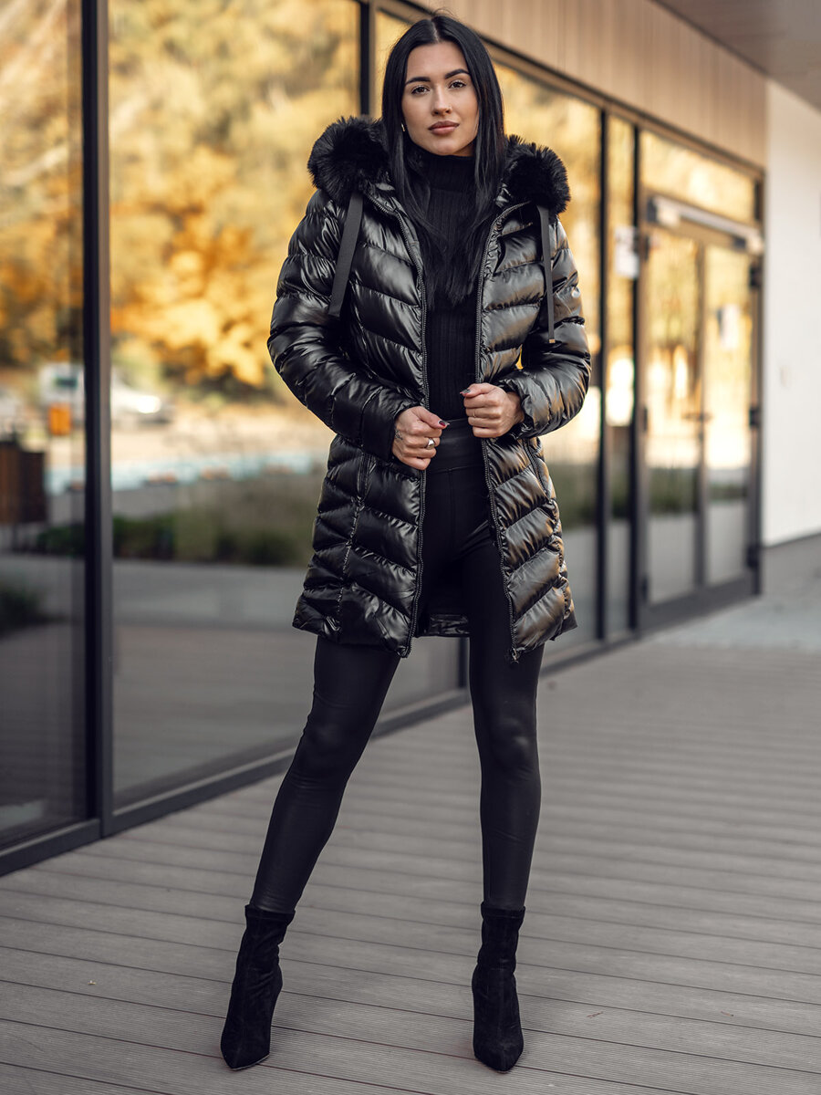 Czarna-pikowana-kurtka-damska-zimowa-z-kapturem-Denley