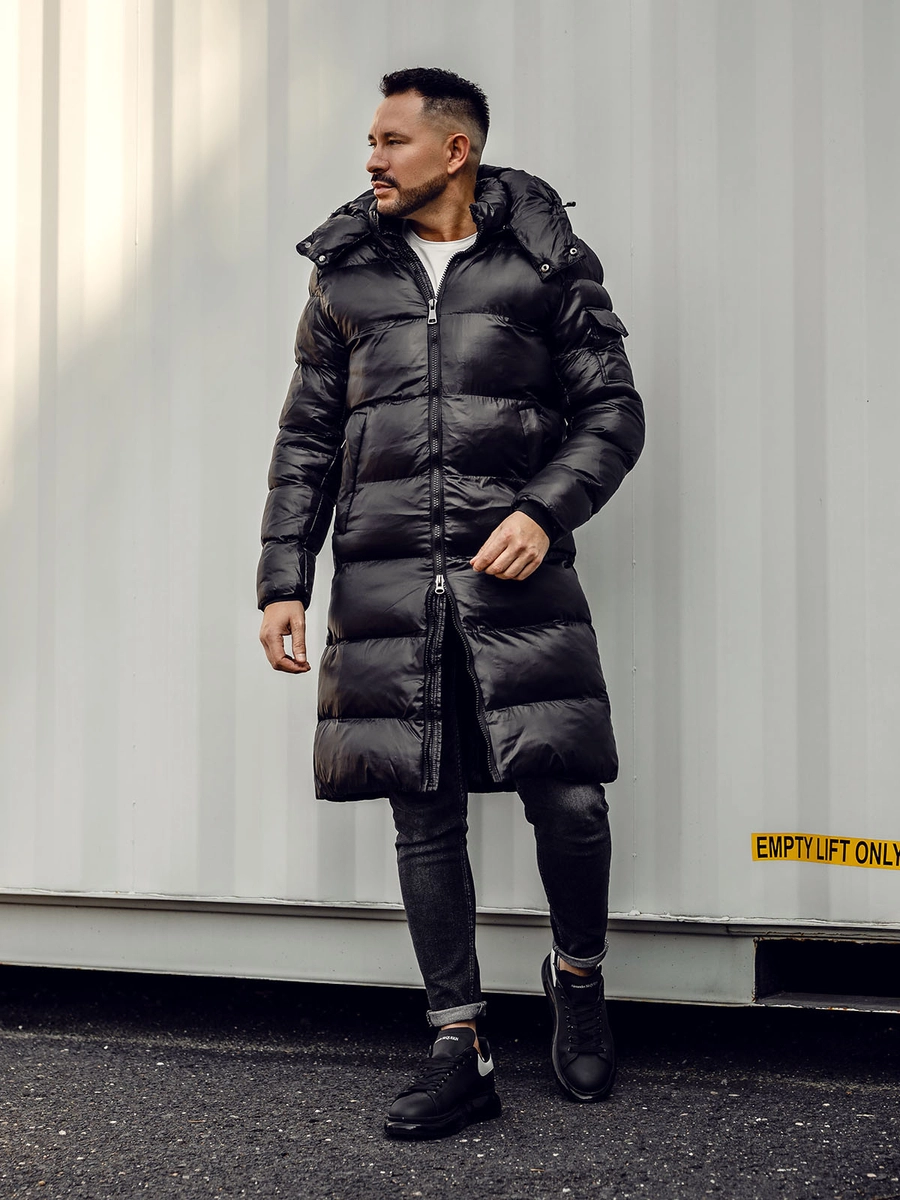 Czarna-dluga-pikowana-kurtka-meska-zimowa-Denley