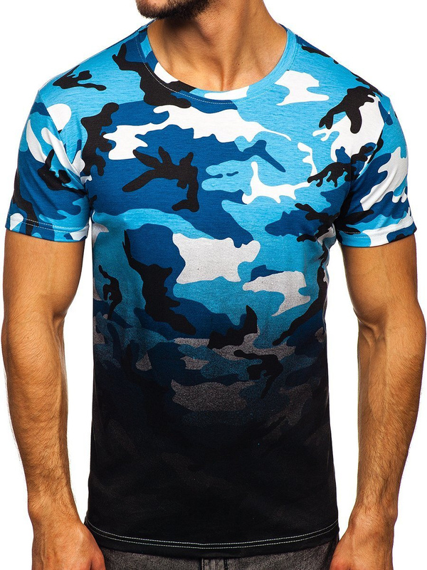 Błękitny t-shirt męski z nadrukiem moro Denley S808