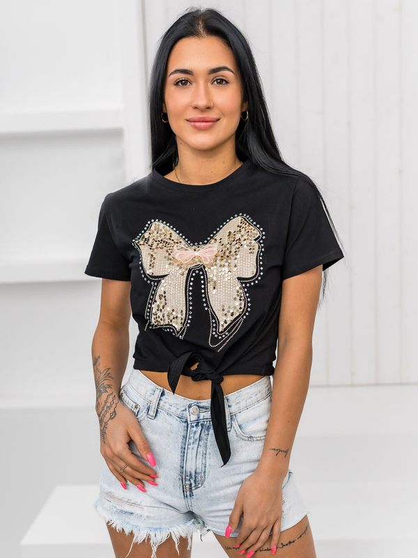 Czarny t-shirt damski z aplikacją Denley 96T612