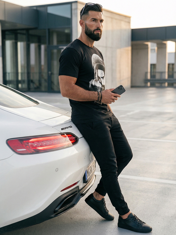 Czarny t-shirt męski z nadrukiem Bolf 142175A