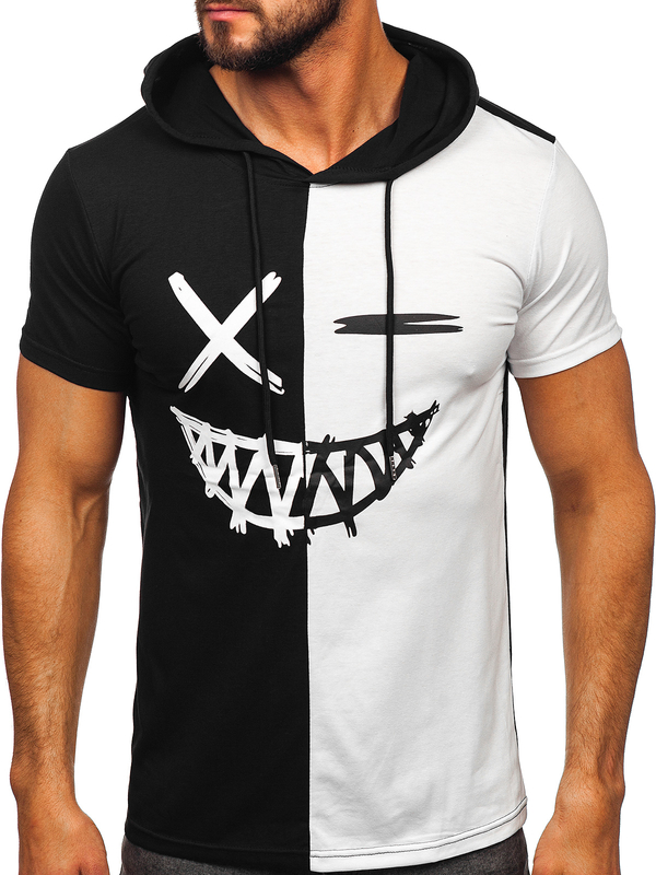 Czarno-biały bawełniany t-shirt męski z nadrukiem z kapturem Bolf 8T981