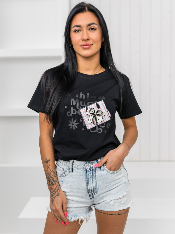 Czarny t-shirt damski z aplikacją Denley 97T2110