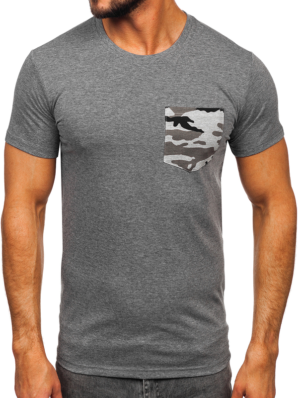 Grafitowy t-shirt męski z kieszonką z nadrukiem moro Denley 8T85