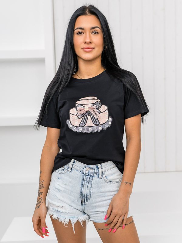 Czarny t-shirt damski z aplikacją Denley 97T2113