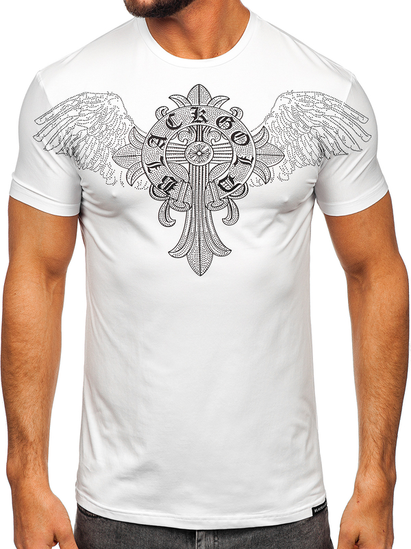 Biały t-shirt męski z nadrukiem z cekinami Denley MT3037