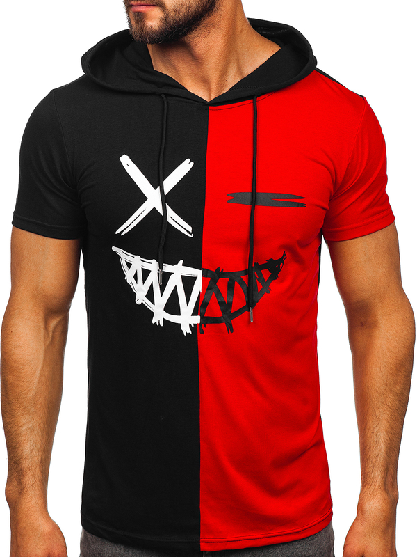 Czarno-czerwony bawełniany t-shirt męski z nadrukiem z kapturem Bolf 8T981