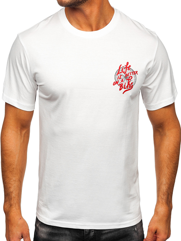 Biały bawełniany t-shirt męski z nadrukiem Denley MPO3555