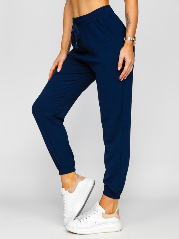 Granatowe materiałowe spodnie joggery damskie Denley W7322