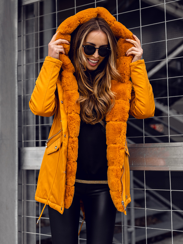 Camelowa kurtka damska zimowa parka z kapturem Denley 5M762