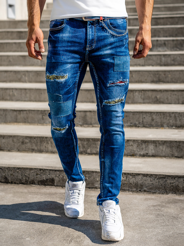 Granatowe jeansowe spodnie męskie slim fit Denley z paskiem 80034W0