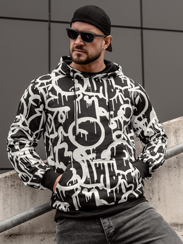 Czarno-biała bluza męska z kapturem kangurka z nadrukiem Denley 8B1152A