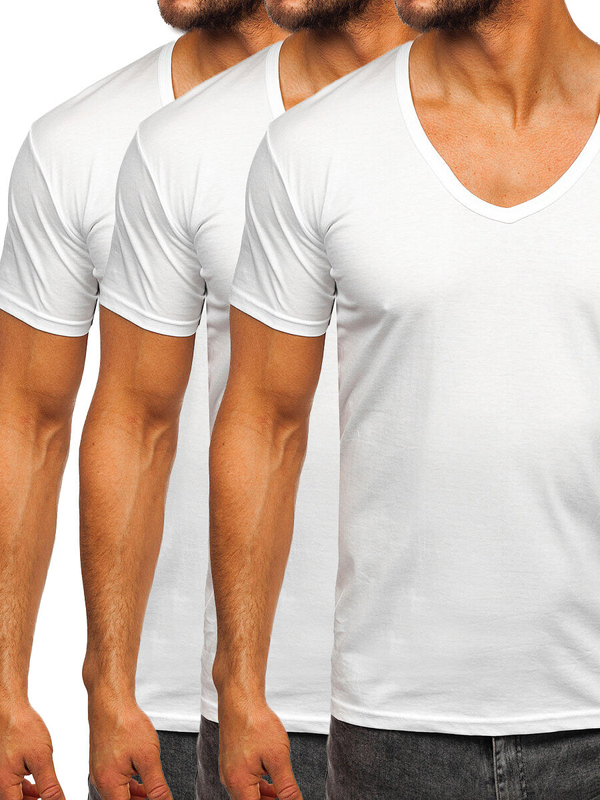 Biały bawełniany t-shirt w serek męski basic Denley 9002-3P 3 PACK