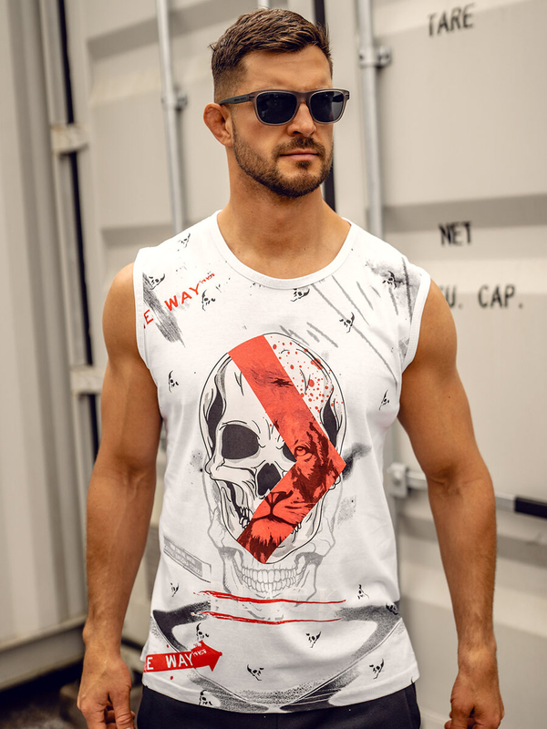 Biała koszulka tank top z nadrukiem Bolf 14814A