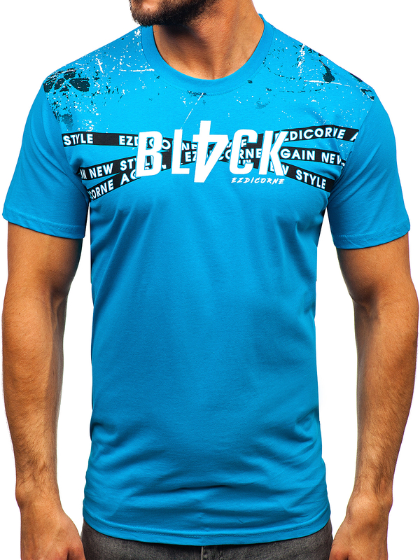 Turkusowy bawełniany t-shirt męski z nadrukiem Denley 14722