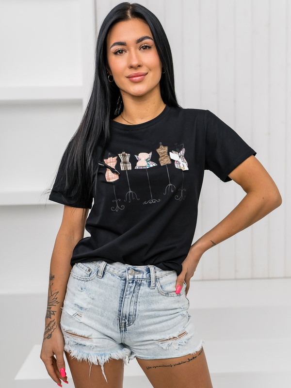 Czarny t-shirt damski z aplikacją Denley 97T2111