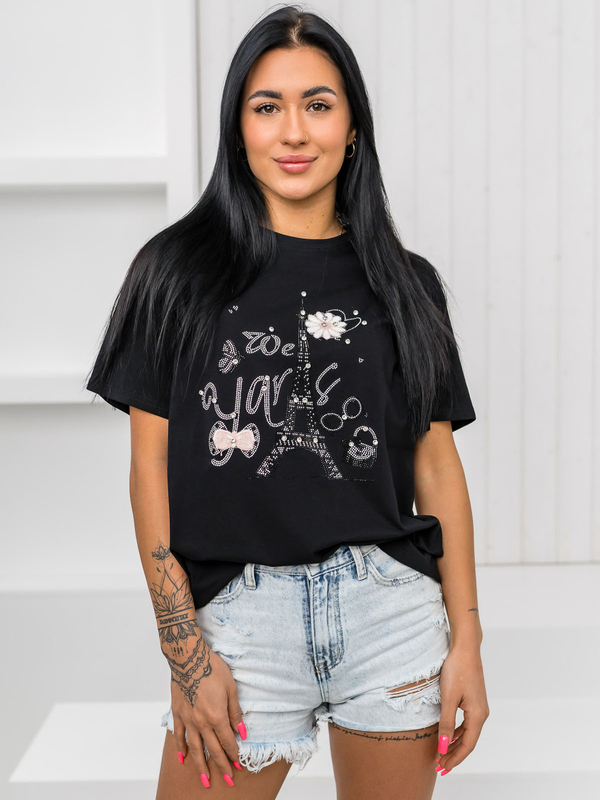 Czarny t-shirt damski z aplikacją Denley 96T636