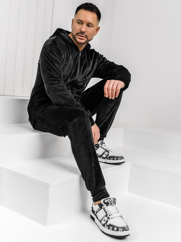 Czarny welurowy dres męski z kapturem Denley 8C1538