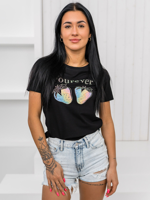 Czarny t-shirt damski z aplikacją Denley 95T2518