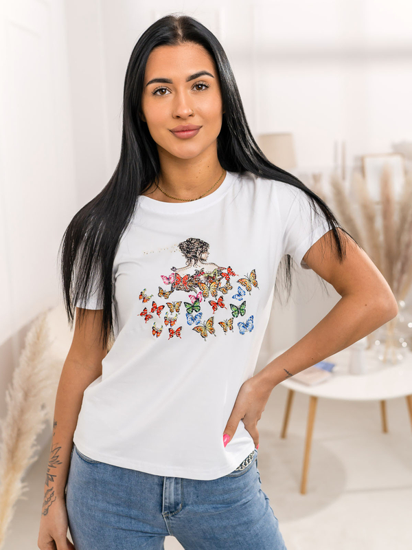 Biały t-shirt damski z aplikacją Denley 95T2525