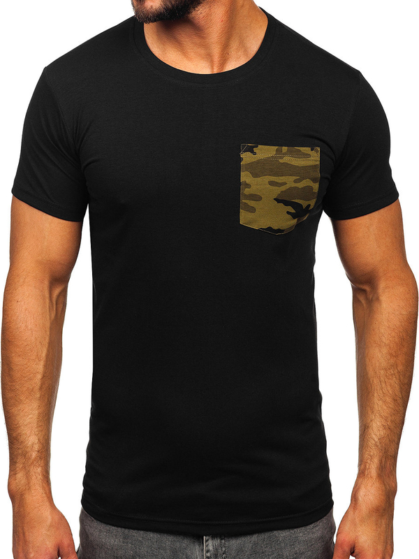 Czarno-zielony t-shirt męski z kieszonką z nadrukiem moro Denley 8T85