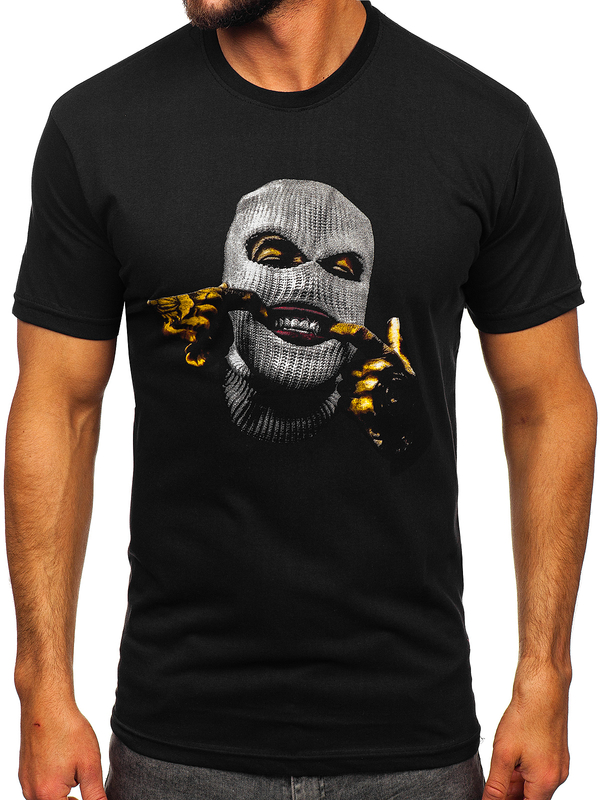Czarny bawełniany t-shirt męski z nadrukiem Bolf 142172