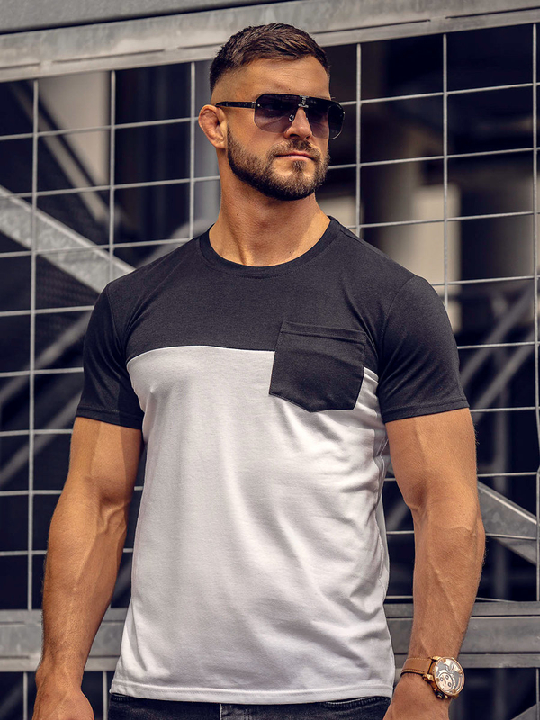 Czarno-biały bez nadruku t-shirt męski z kieszonką Denley 8T91A