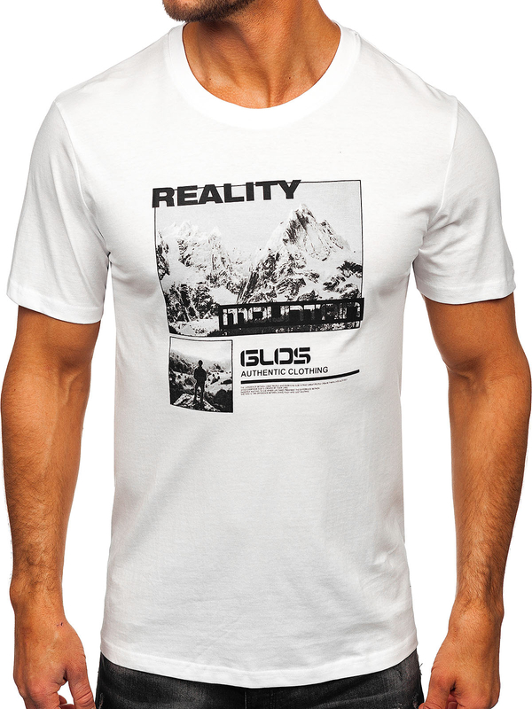 Biały bawełniany t-shirt męski z nadrukiem Denley MPO3461
