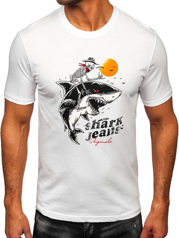Biały bawełniany t-shirt męski z nadrukiem Denley MPO3502