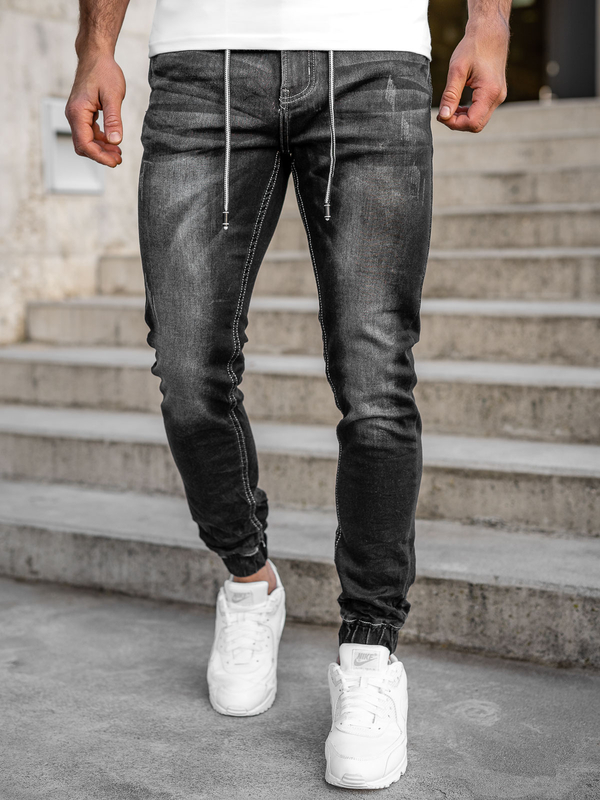 Czarne spodnie jeansowe joggery męskie Denley 30051S0