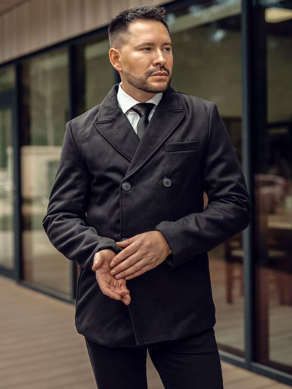 Czarny dwurzędowy płaszcz męski zimowy Denley 79B3A