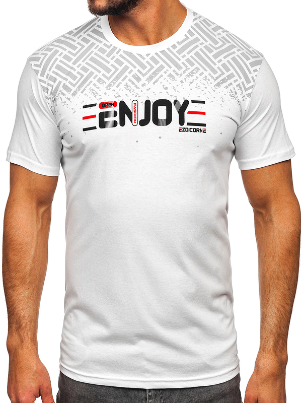 Biały bawełniany t-shirt męski z nadrukiem Denley 14720