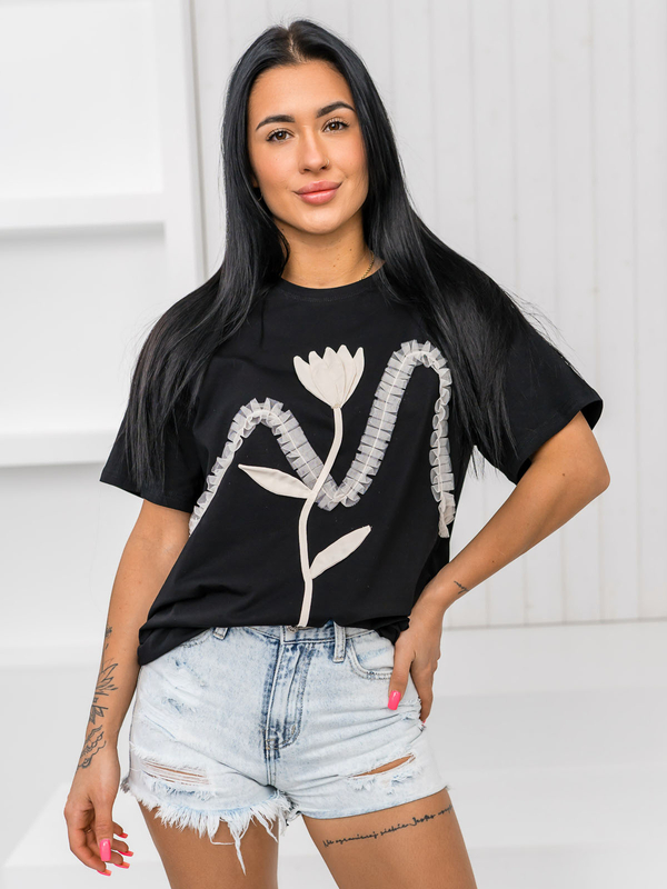 Czarny t-shirt damski z aplikacją Denley 96T632