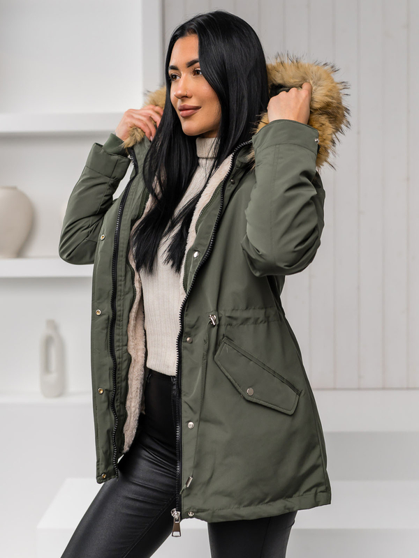 Khaki kurtka damska zimowa parka z kapturem 2w1 Denley 16M9199A1