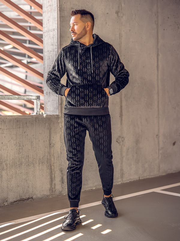 Czarny welurowy dres męski z kapturem Denley 3A81B