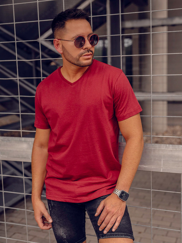 Bordowy t-shirt męski bez nadruku w serek Bolf 192131A
