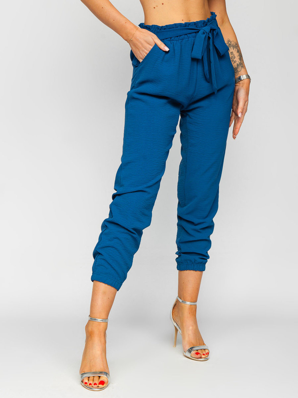 Niebieskie materiałowe spodnie joggery damskie Denley W5076