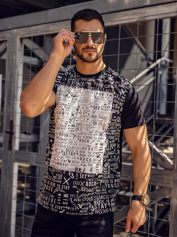 Czarny bawełniany t-shirt męski z nadrukiem Bolf 1173A