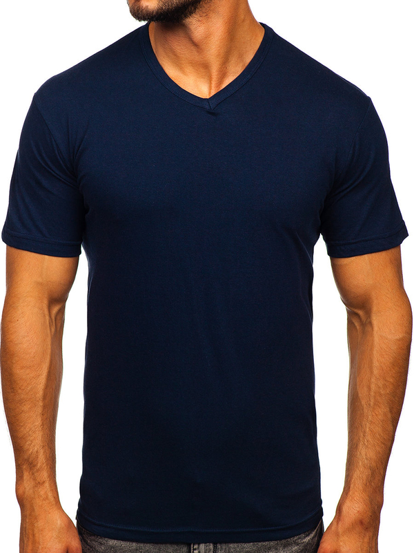 Granatowy t-shirt męski bez nadruku w serek Bolf 192131