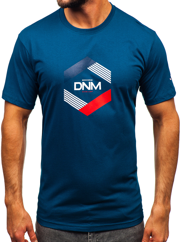 Ciemnoniebieski bawełniany t-shirt męski z nadrukiem Denley 14741