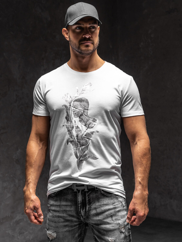 Biały T-shirt męski z nadrukiem Denley Y70052