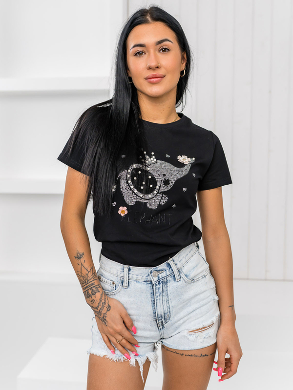 Czarny t-shirt damski z aplikacją Denley 96T625