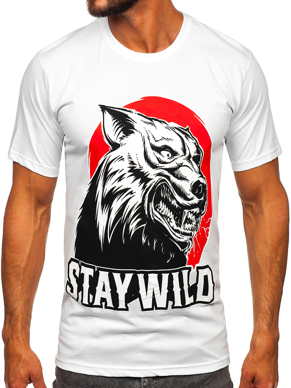 Biały bawełniany t-shirt męski z nadrukiem Bolf 143021
