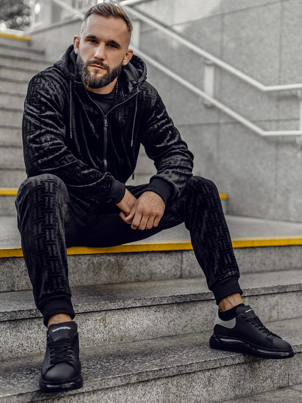 Czarny welurowy dres męski Denley 3B113A