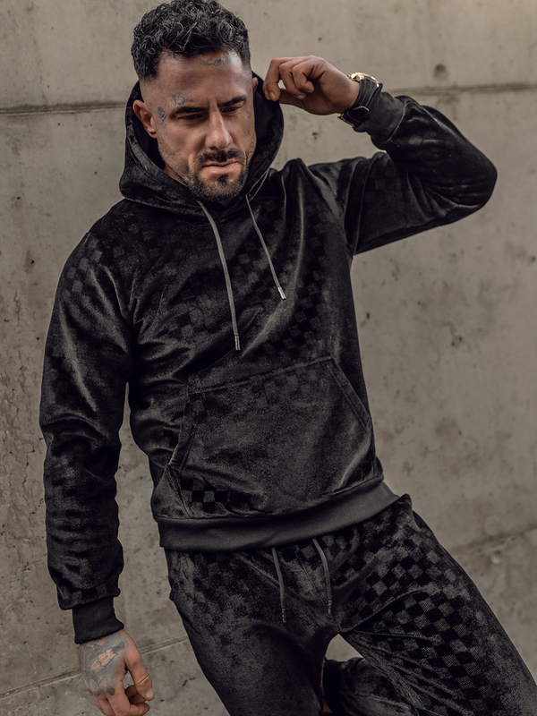 Czarny welurowy dres męski z kapturem Denley 3A82-A