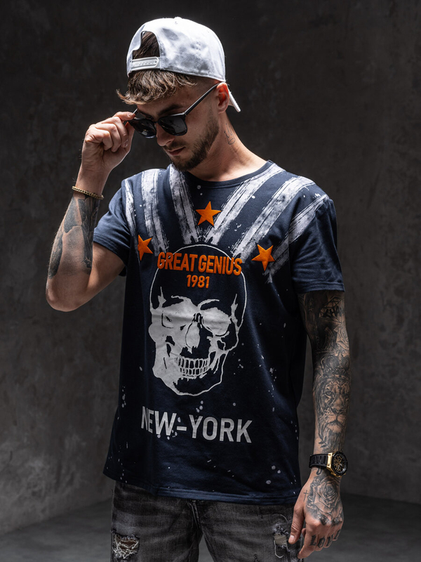 Granatowy T-shirt męski z nadrukiem Denley Y70006